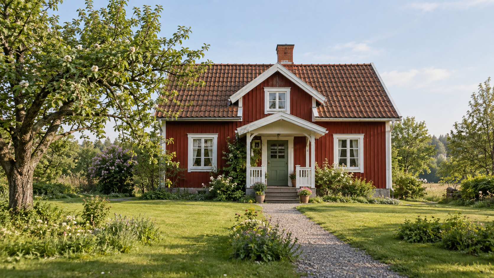 Ett rött svenskt hus omgivet av träd och en lugn trädgård