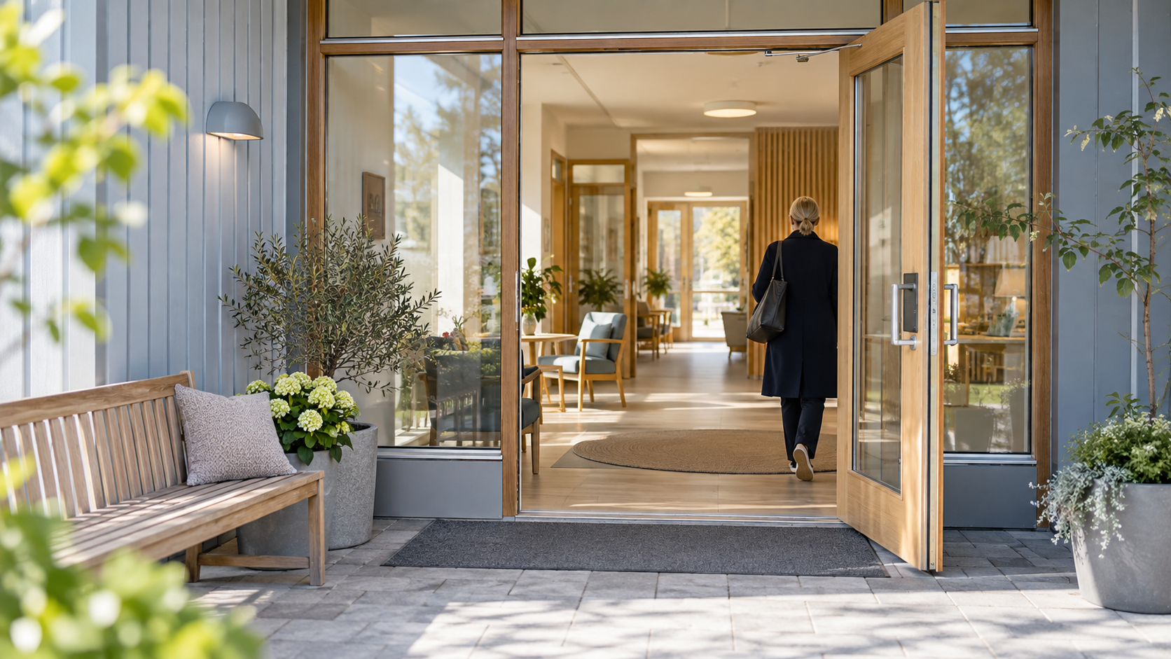 En person går in genom entrén till en ljus och välkomnande verksamhet